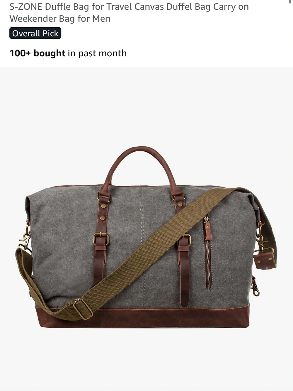 Gray Canvas Duffel Bag with Brown Leather Trim - Classic Travel Weekender